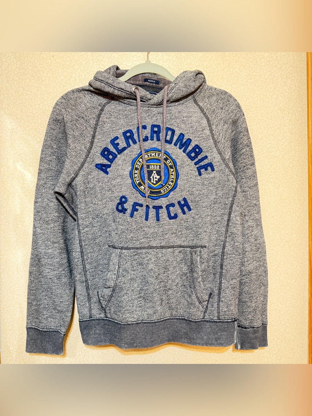 Abercrombie & Fitch Gray Crewneck Hoodie with Blue & Gold Logo